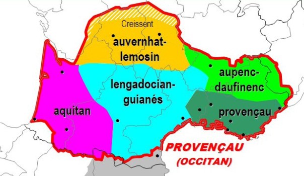 Dialectes de l'espace occitan (Domergue Sumien / Wikimedia Commons) (http://commons.wikimedia.org/wiki/File:Dialectes_de_l%27occitan_selon_Jules_Ronjat.jpg)