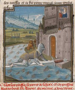 Lancelot passant le pont de l'épée (1475). (Source : Wikimedia Commons)