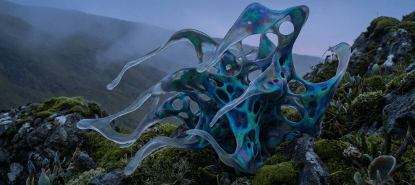 Iridescent organic sculpture with fluid shapes on a mossy, misty mountain peak.
