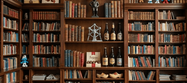 People reading in a cozy, wood-paneled library decorated with Belgian flags, Tintin busts, and comics.