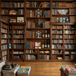 People reading in a cozy, wood-paneled library decorated with Belgian flags, Tintin busts, and comics.