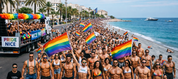 Crowd of people marching in Nice Pride parade along oceanfront with rainbow flags and banners
