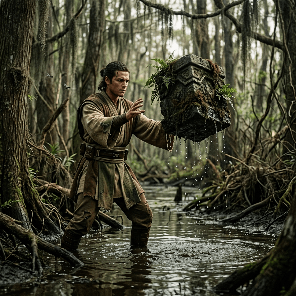 Man in traditional robes levitating a mossy carved stone above swamp water