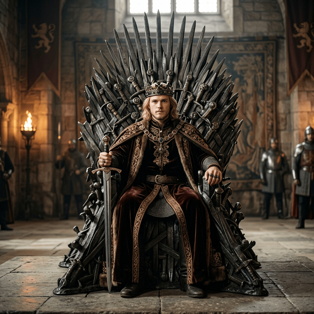 King in crown and royal robe holding sword seated on iron throne in medieval hall