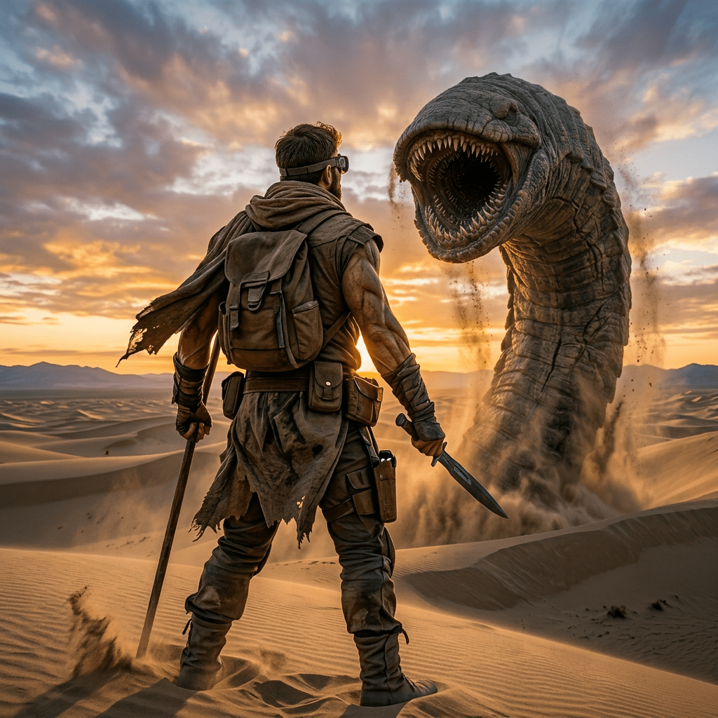 A lone man with a walking stick and knife confronting a giant sandworm rising from desert sand at sunset