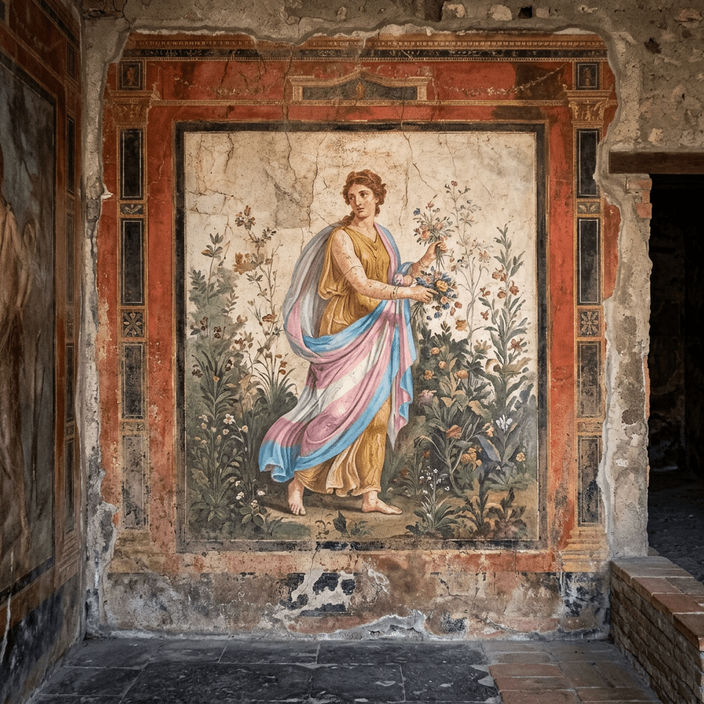 Roman fresco of a woman picking flowers surrounded by floral plants