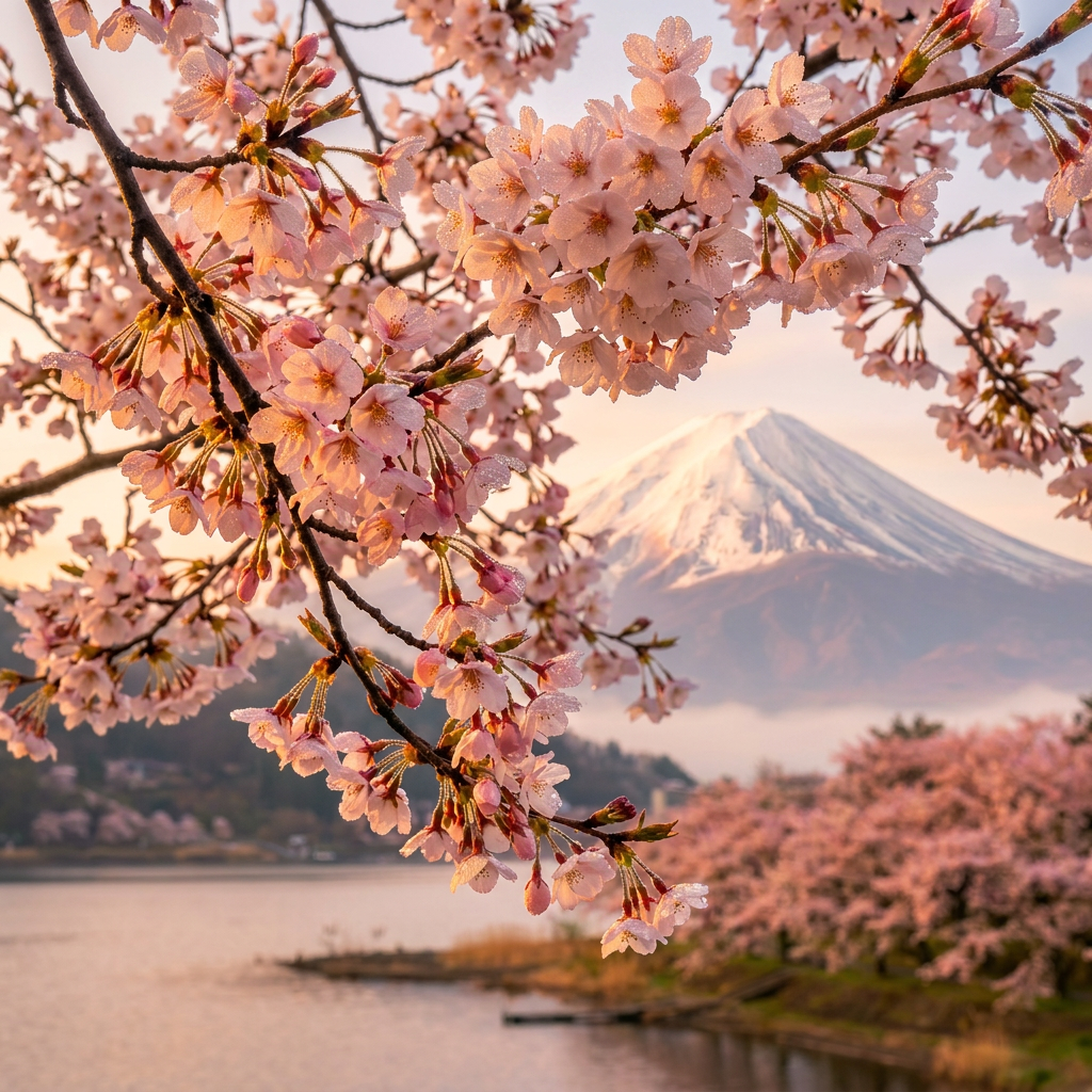 Close-up of pink cherry blossoms with snow-covered Mount Fuji and a lake in the background