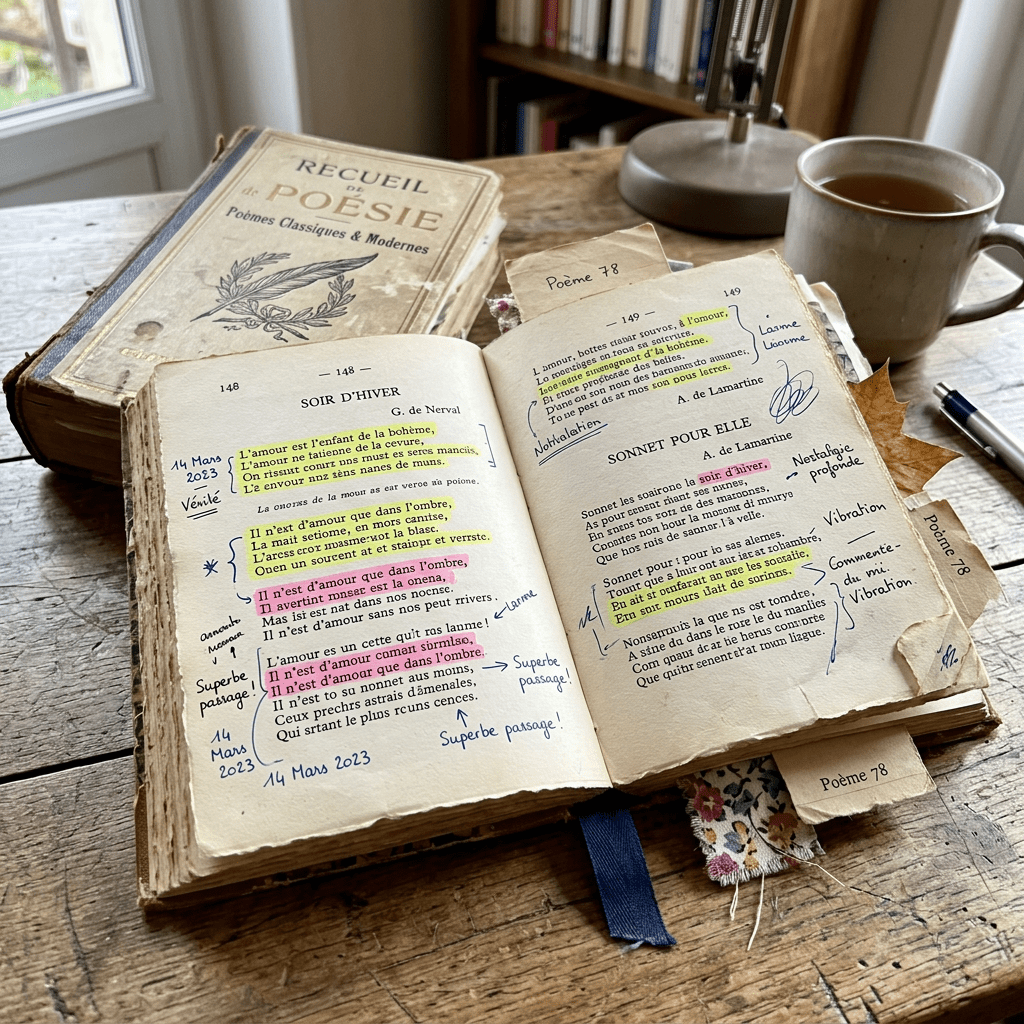Open vintage French poetry book with handwritten notes, annotations, and highlighted text on wooden table