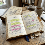 Open vintage French poetry book with handwritten notes, annotations, and highlighted text on wooden table