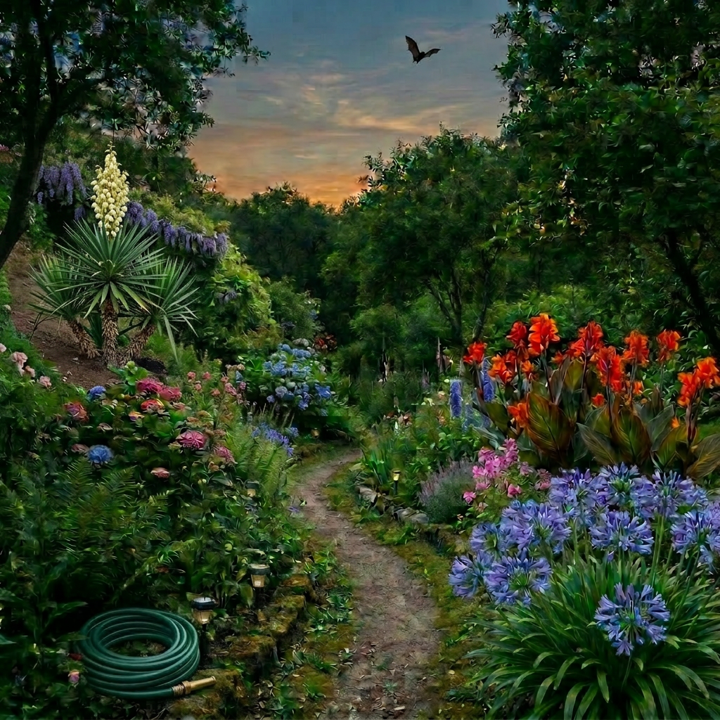Person watering vibrant garden flowers with bats flying in the sky at sunset