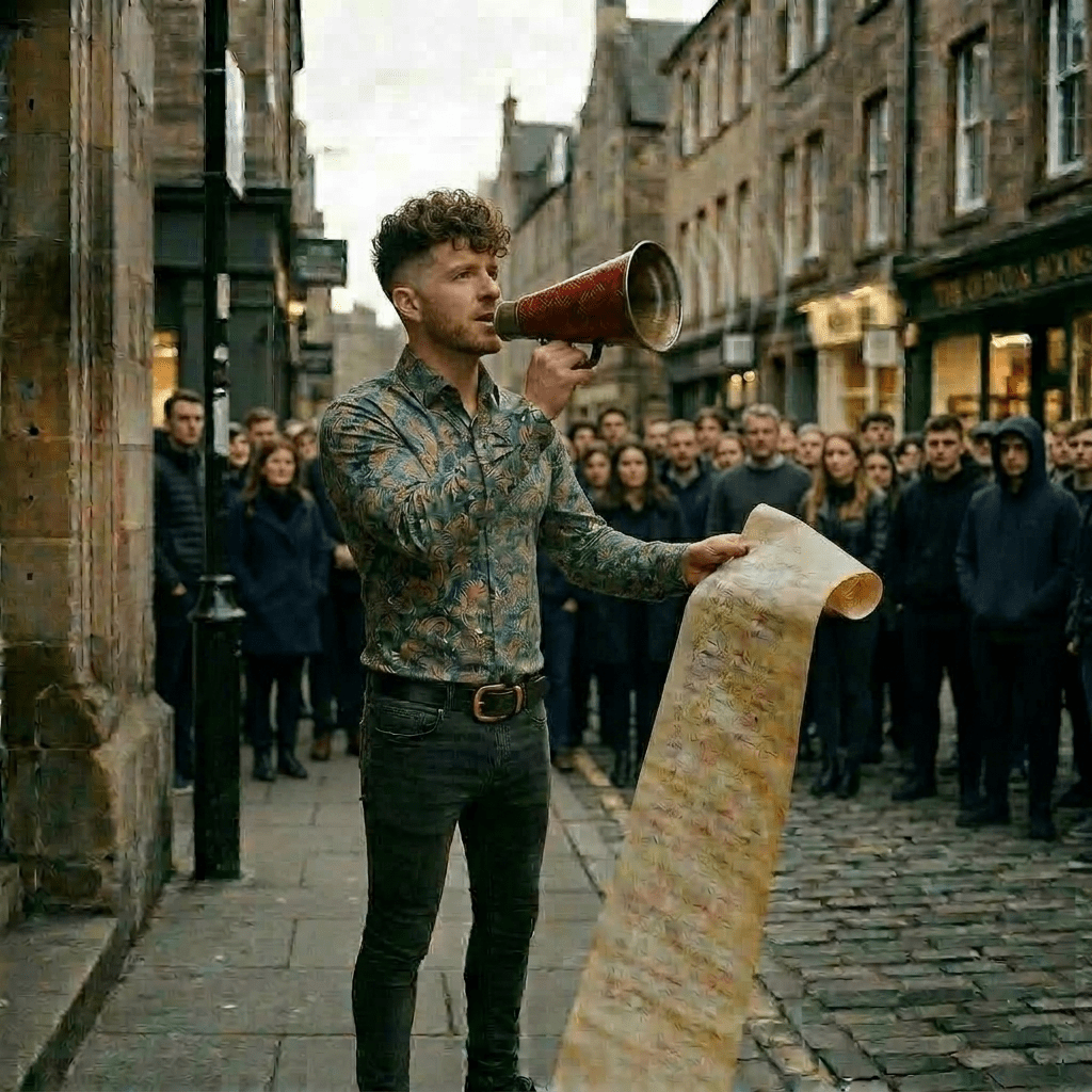 Man speaking into megaphone and reading from a long scroll to a group of listeners on a cobblestone street