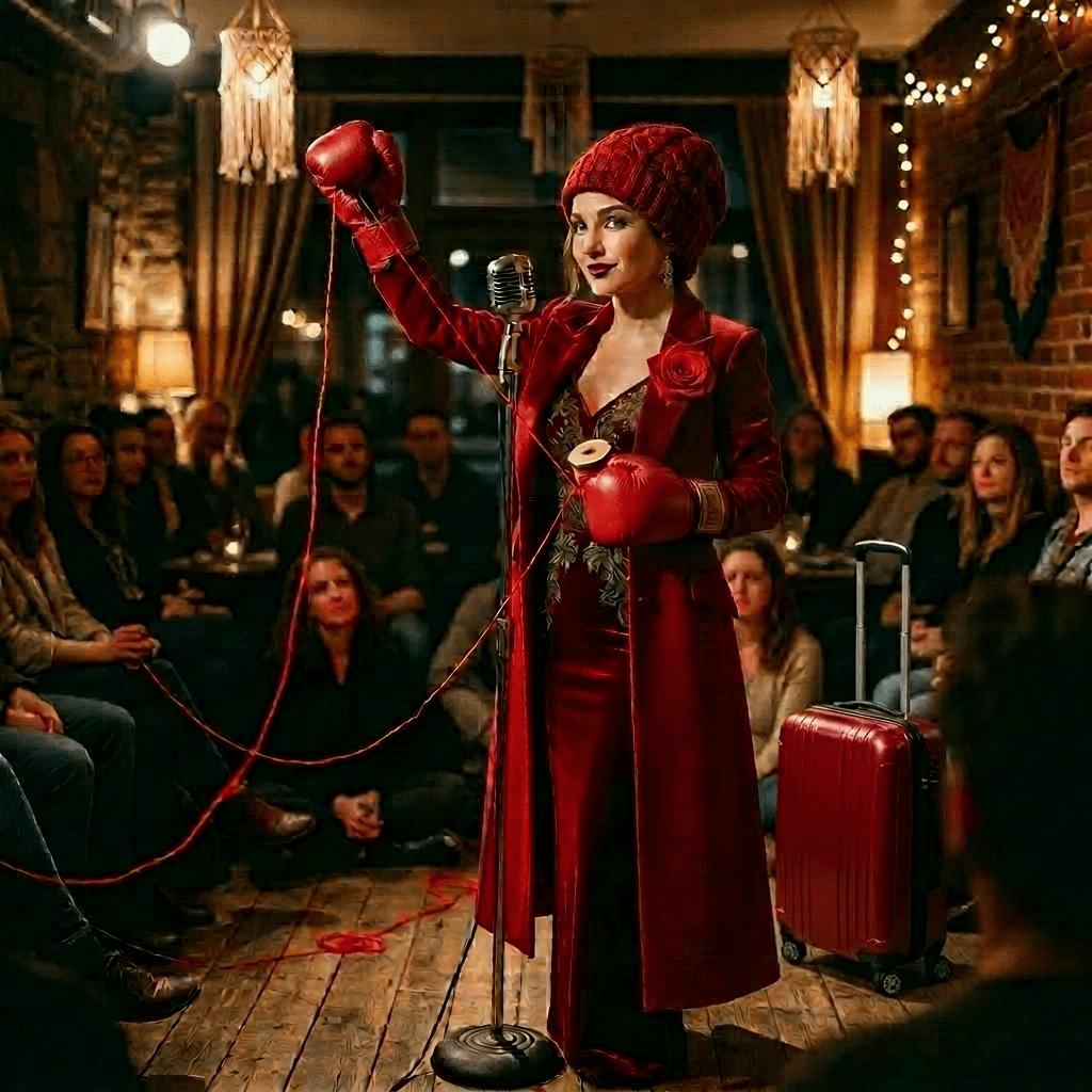 Woman in red dress performing spoken word poetry with red thread in front of seated audience