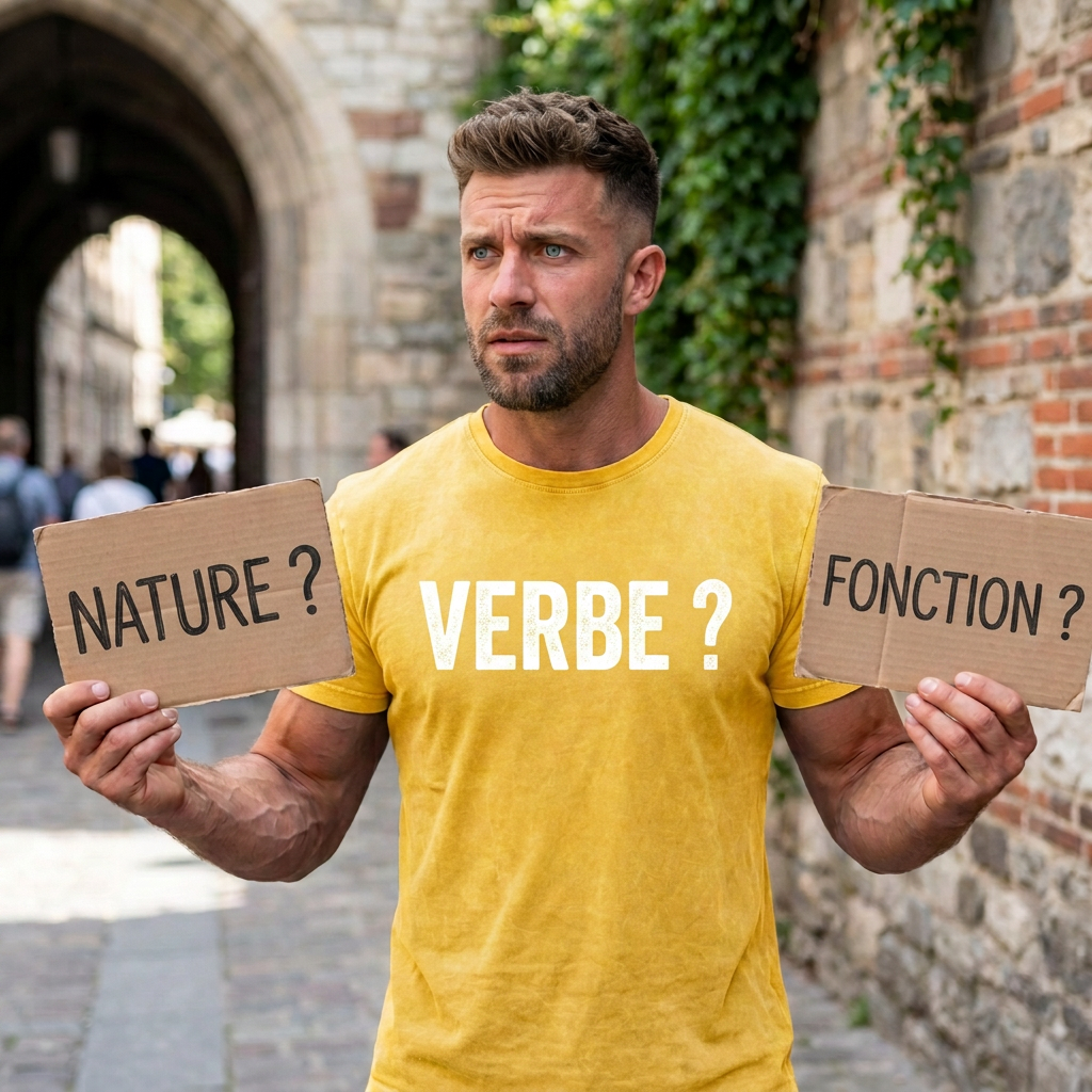 Man wearing a shirt labeled VERBE holding cardboard signs with question marks and the word QUI?