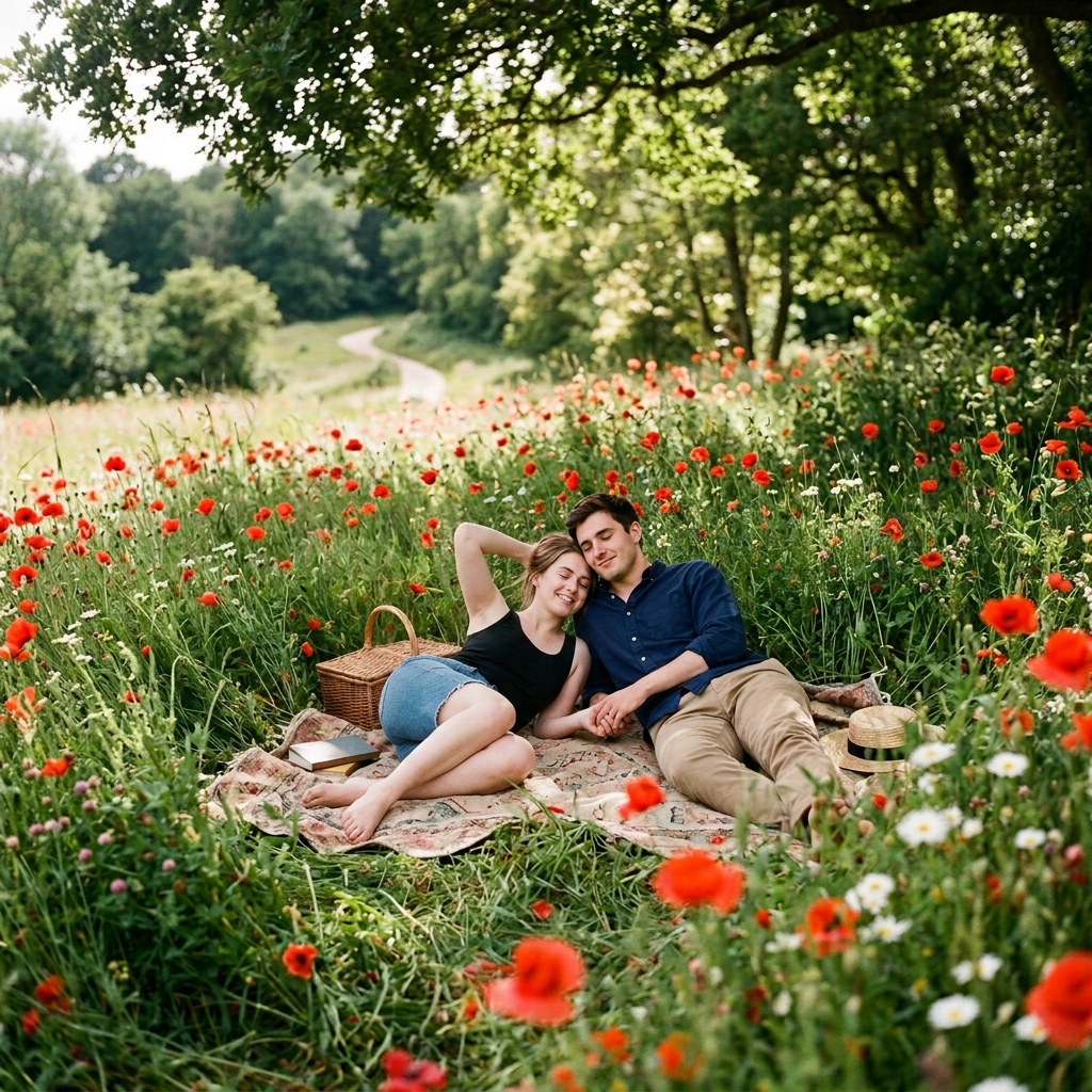 Couple lying on a blanket in a meadow with red poppies and green trees