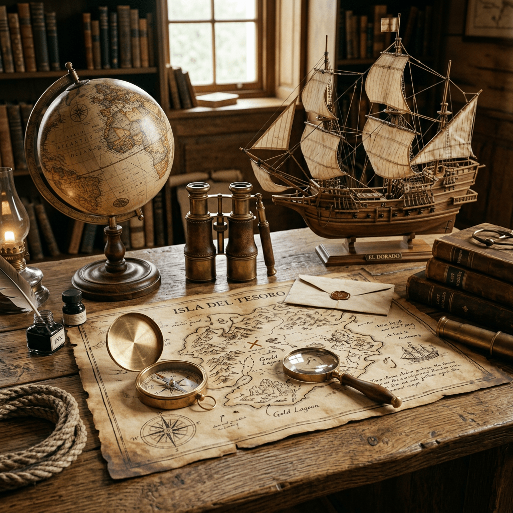 Treasure map laid out with compass, magnifying glass, and model ship on wooden table