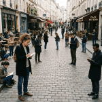 Large group sitting and standing at a long table outdoors writing on paper in a busy street