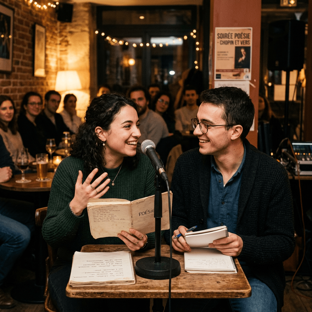 Two poets reading from books into a microphone at a café event